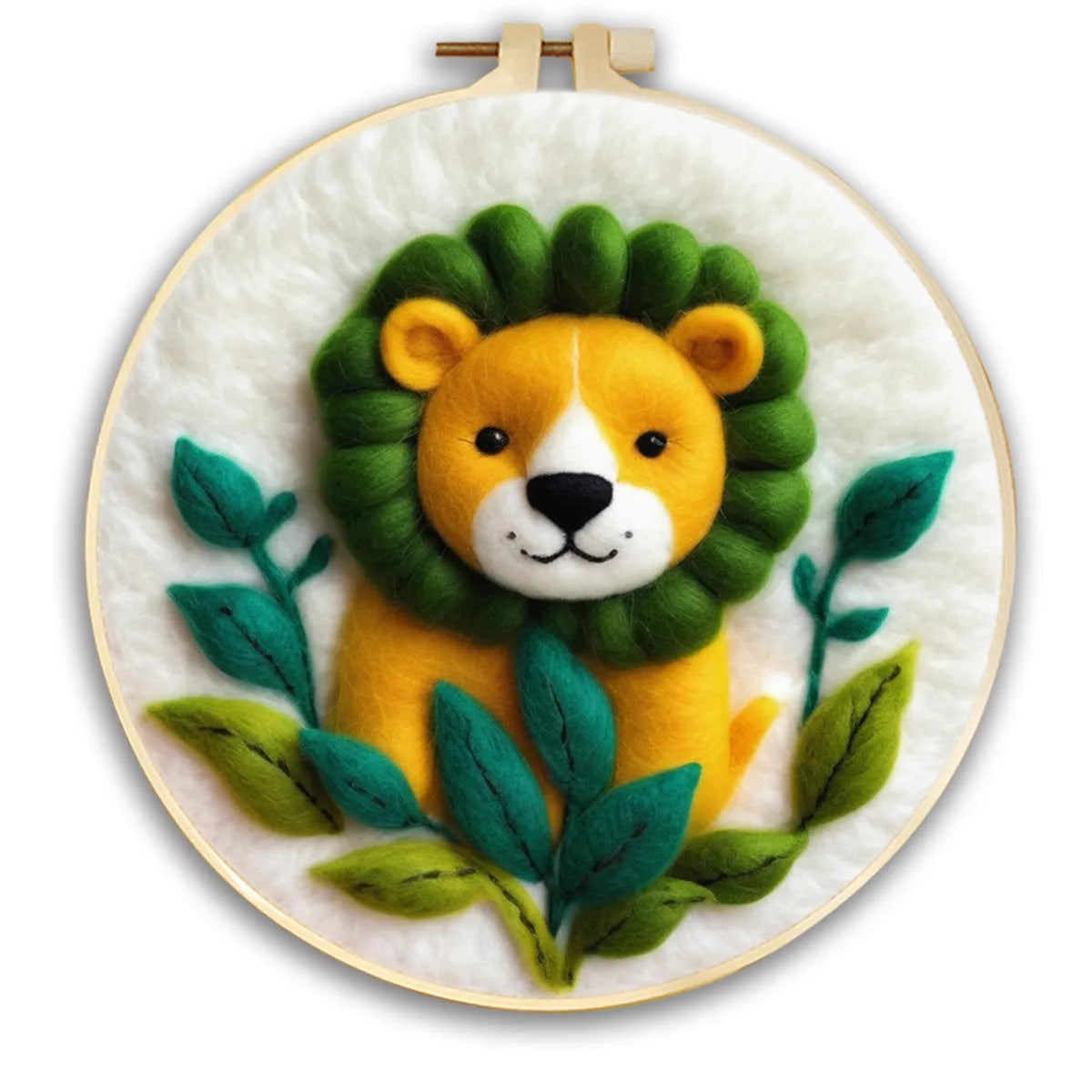Round linen embroidery frame with wool felt floral decoration kit for three-dimensional wall art