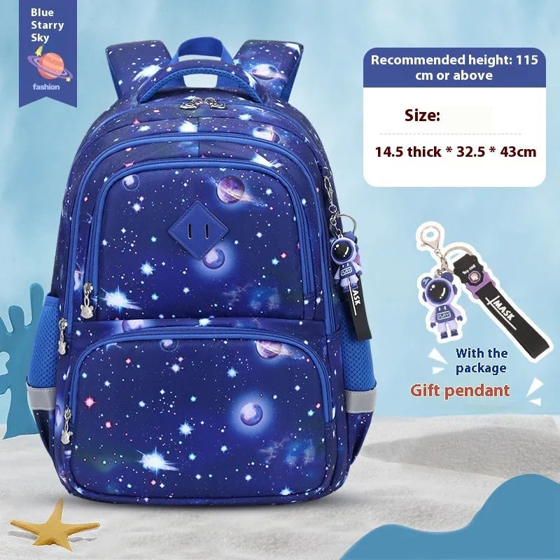 Blue children's school backpack made from Oxford cloth with curved straps, shown in a dinosaur pattern design.