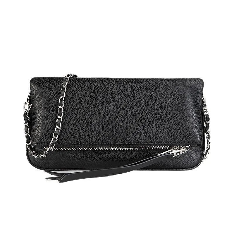 Women's soft PU leather chain folding clutch messenger bag with double straps in black classic colour