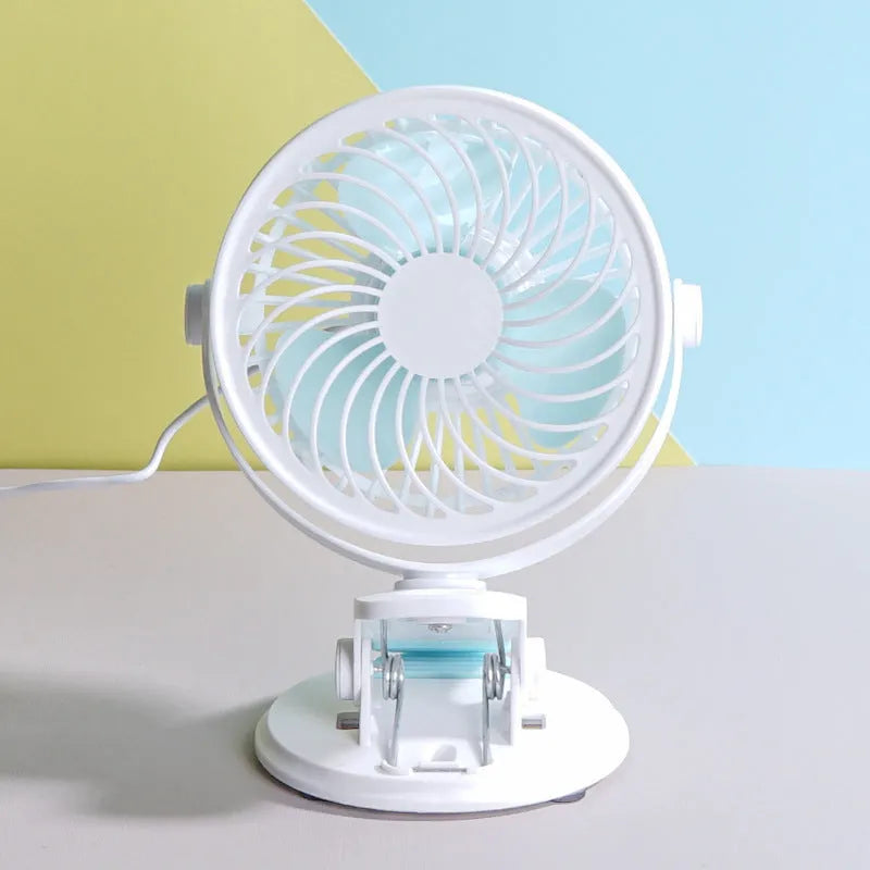 USB-powered desk fan with clip and floor stand options in compact design