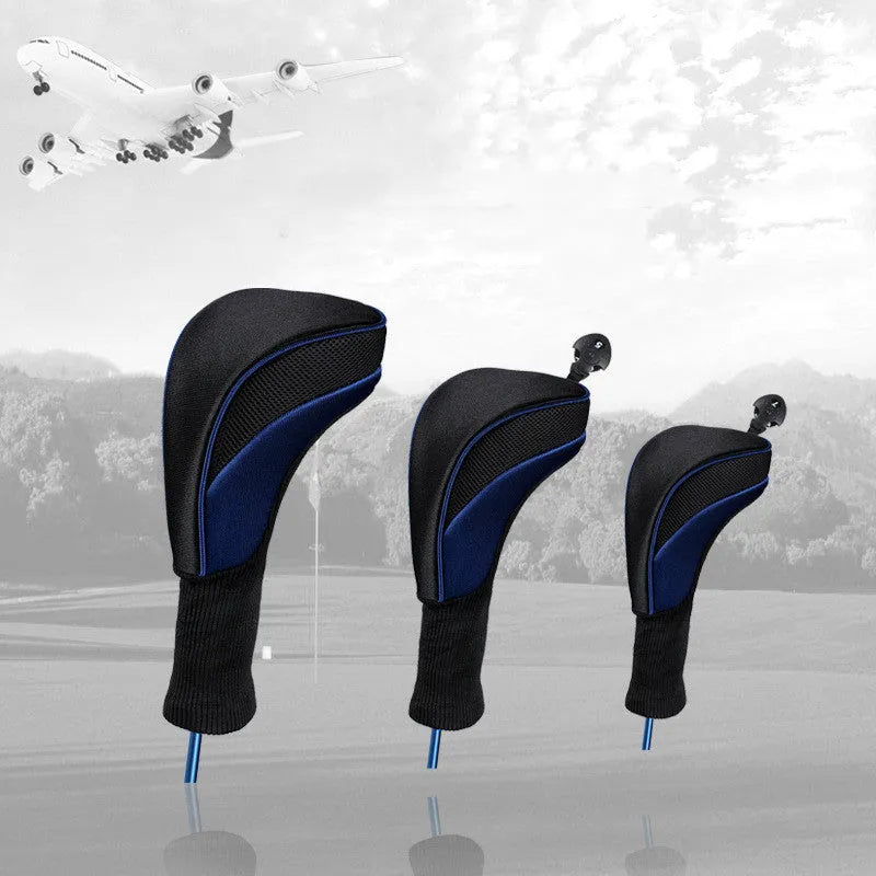Set of six fabric golf club covers in blue black red and white colour combinations