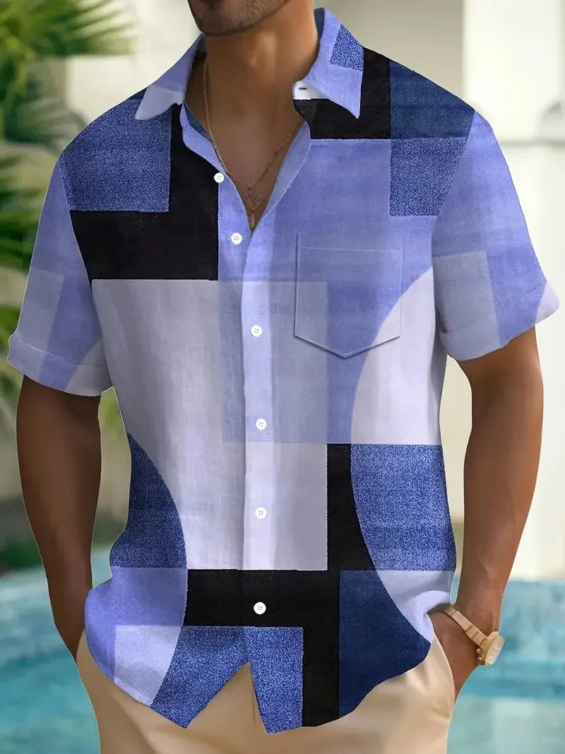 Man wearing a loose-fit short sleeve cardigan shirt with a blue and white 3D printed geometric square pattern.