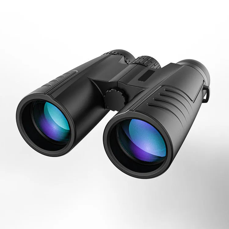 Black 12x42 binoculars with objective lenses and central focus wheel for outdoor sport use