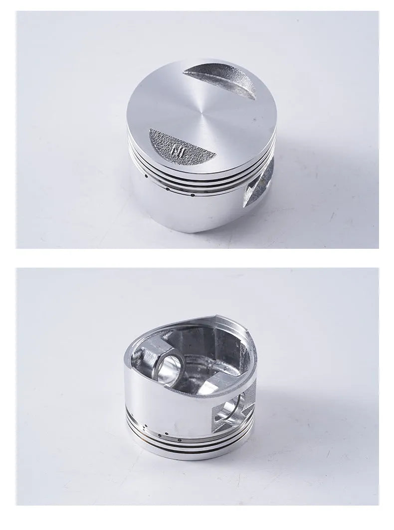 Motorcycle engine piston kit showing aluminium piston with steel combination oil ring for 57.4mm bore