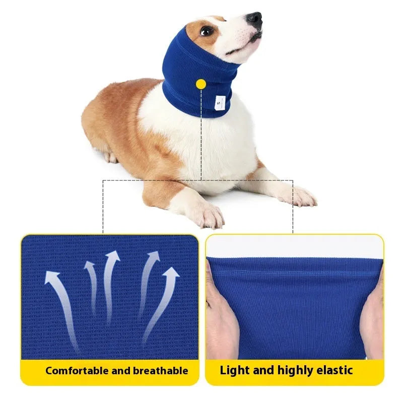 Blue and grey polyester dog comforter headband scarf shown in small, medium, and large sizes.