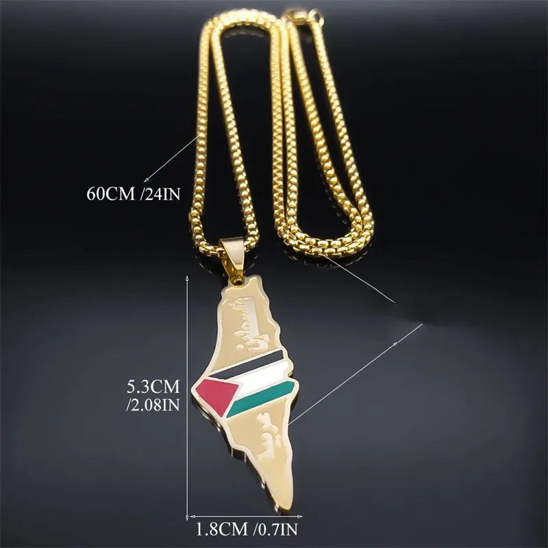 Gold stainless steel Palestine Israel map pendant necklace with 60cm box chain on white background