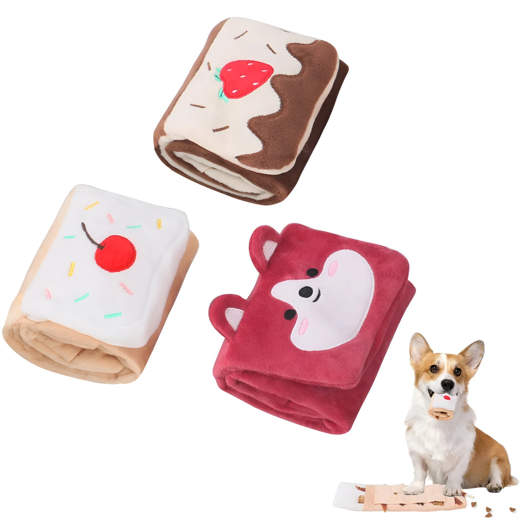 Plush dog snuffle mat with hide-food pockets, sound feature, and slow feeder design in brown, pink, or white.