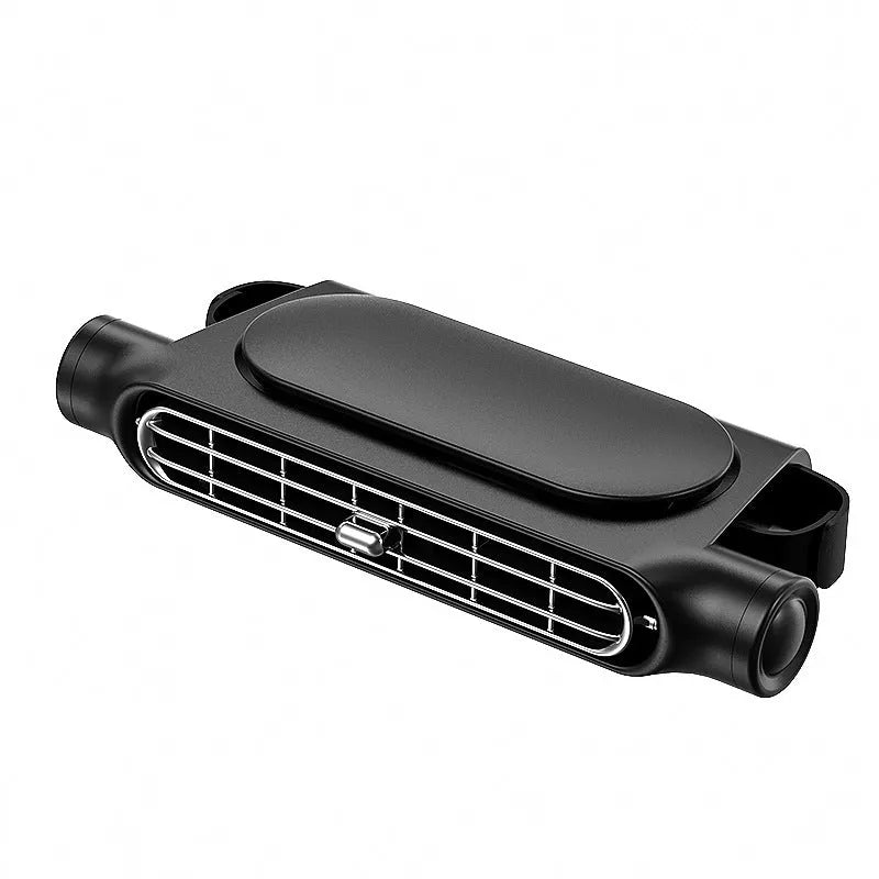 Creative USB plug-in bladeless car fan in black mounted on a car dashboard with velcro