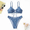 Blue polyester swimsuit three-piece set showing top and shorts for swimming.