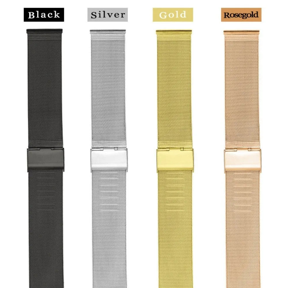 Milani Silk Woven Stainless Steel watch band in silver, shown adjustable on a wrist.