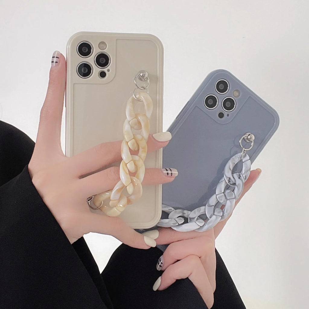 Silicone phone case with marble bracelet design and side lanyard hole for iPhone