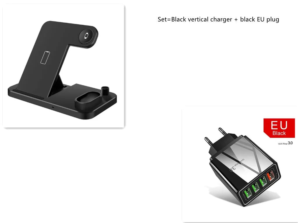 Black 4-in-1 wireless charging dock with phone on adjustable stand, Apple Watch and AirPods on charging modules