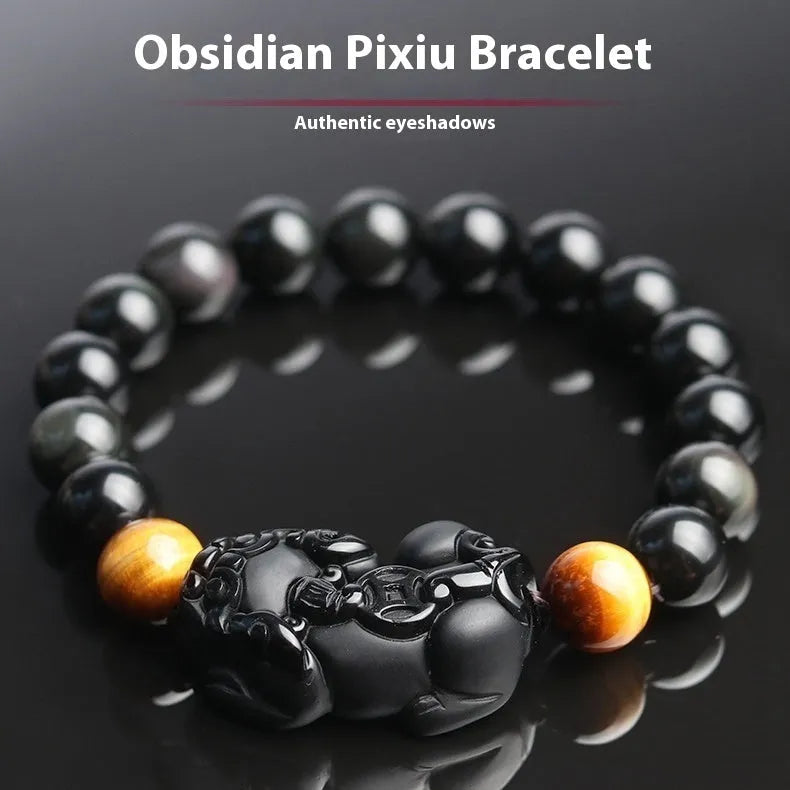Mexico gold sheen obsidian Pi Xiu bracelet unisex black beaded ethnic style 10mm beads on cord