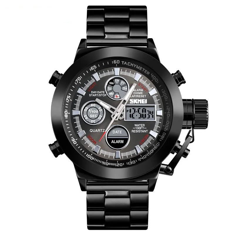 Skmei men's outdoor sports waterproof steel strap wristwatch in black, silver, and rose gold