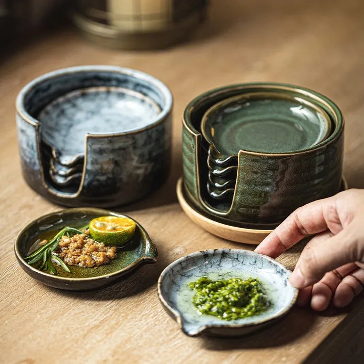 Japanese porcelain seasoning dish set with four plates and a storage tray in Aurora Green