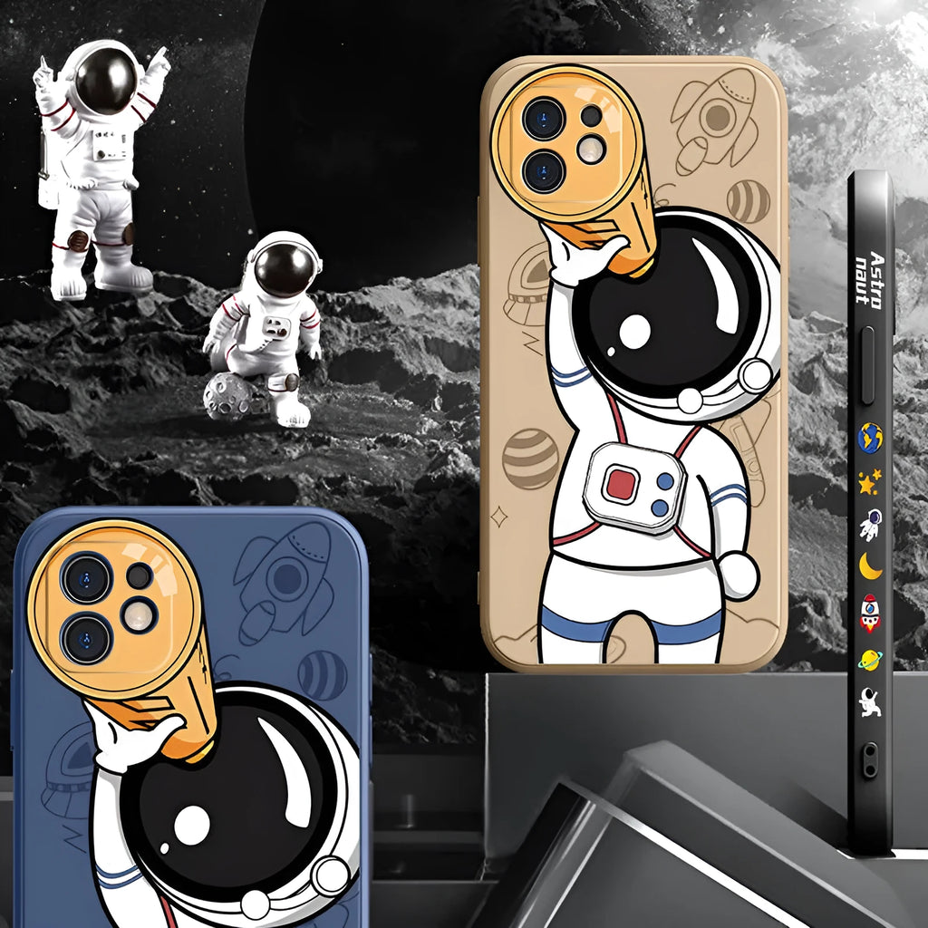 Silicone iPhone case with cartoon astronaut and planet design in black, khaki, or sea blue.