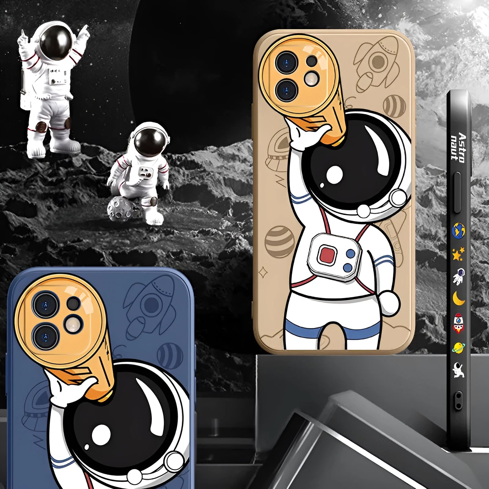 Silicone iPhone case with cartoon astronaut and planet design in black, khaki, or sea blue.