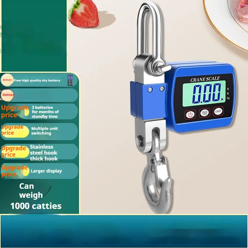 Electronic hook scale digital display with 500kg capacity in blue, orange and white colour options