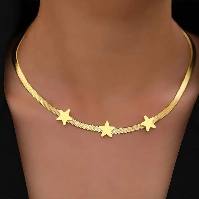 Gold gothic star pendant choker necklace on titanium steel snake chain, 41-50cm adjustable length.