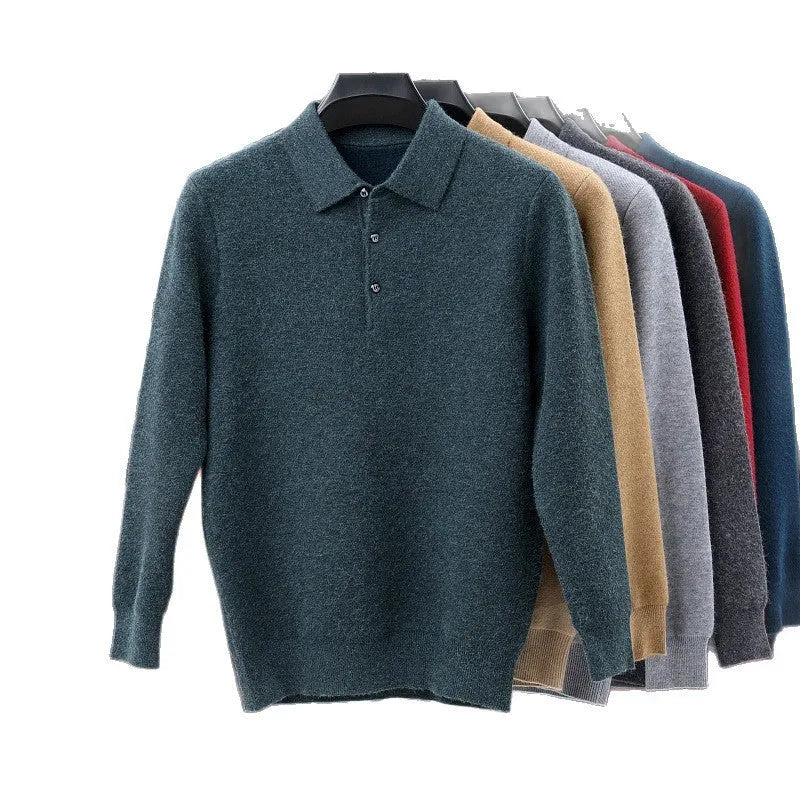 Men's long sleeve polo shirt knitwear with turn-over collar in camel, light gray, or blue gray, sizes 165-190
