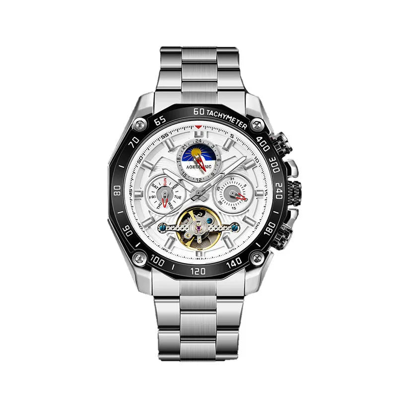 Men's automatic mechanical watch with a 12mm thick case shown in various colour combinations including silver and black.