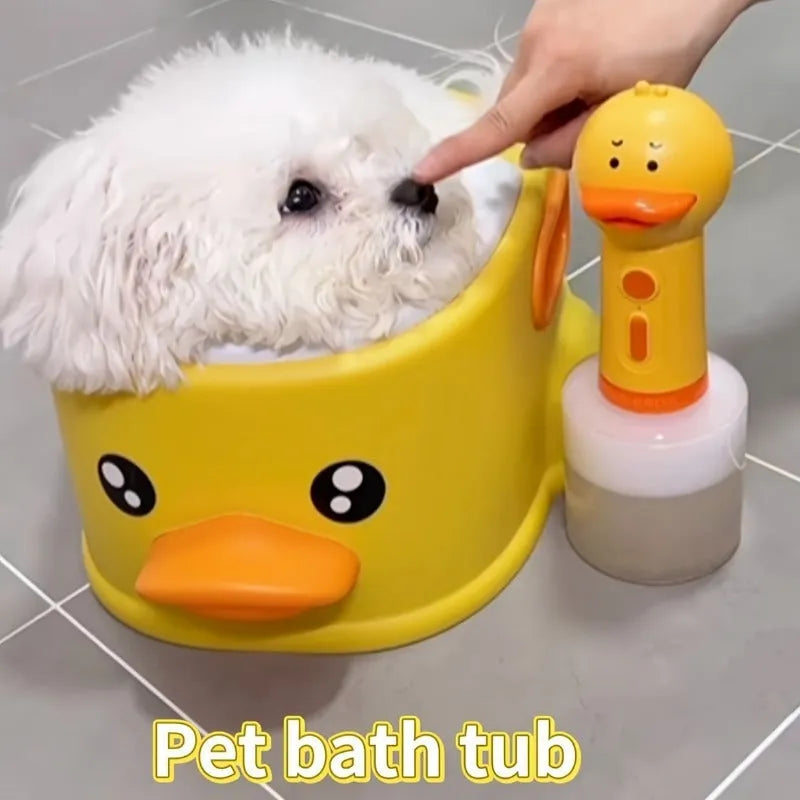 Blue PVC pet bathtub shaped like a duck for washing small dogs and cats.