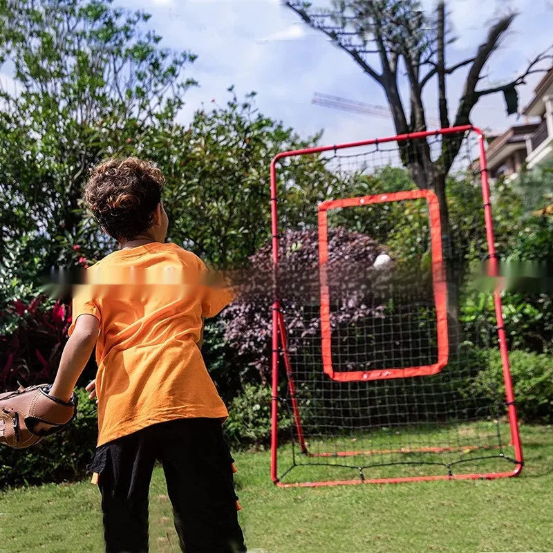 Red portable baseball training net with 4x6ft catching area and metal adjustable frame
