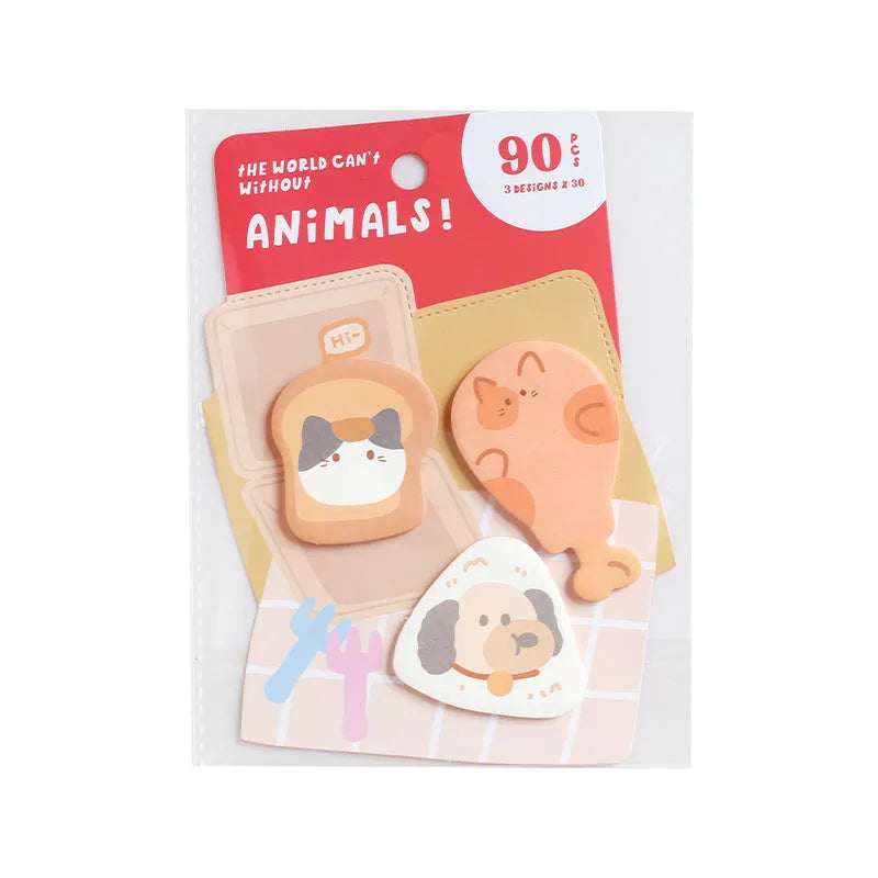 Small animal shaped sticky note set showing one of six colourful cover designs on a 90-page memo pad.