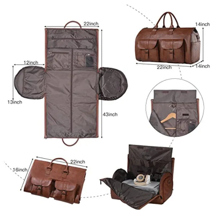Convertible travel clothing carry-on luggage bag in waterproof PU leather, solid colour, 36-55L capacity