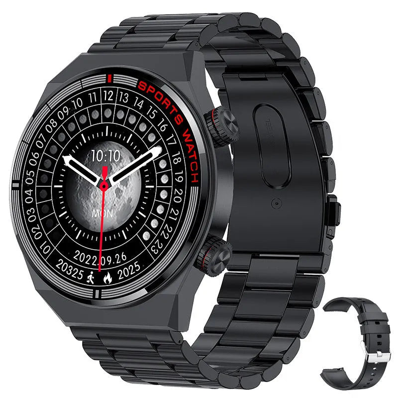Black Bluetooth smartwatch with genuine leather strap and rotary key on a 1.3-inch screen