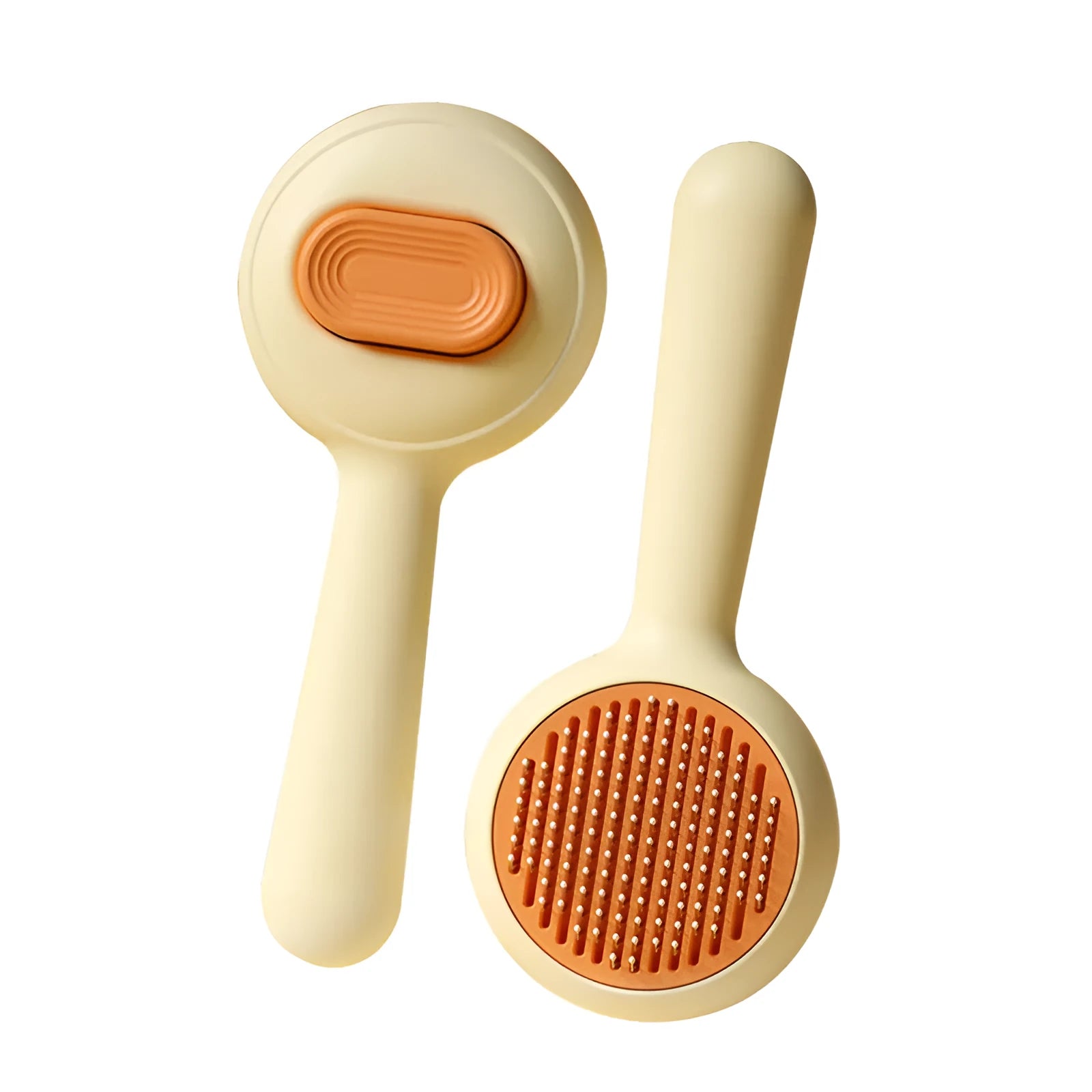 Green and yellow cat grooming brush with stainless steel pins and non-slip ergonomic handle
