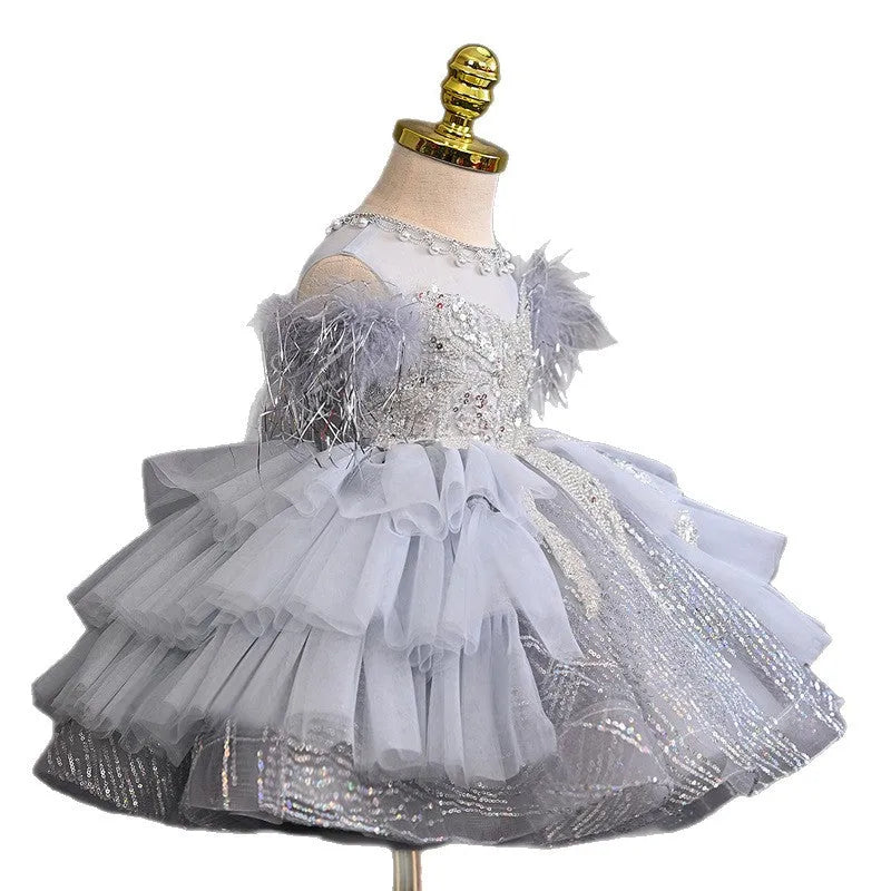 Light grey tulle tutu flower girl dress in polyester with princess element, sizes 80cm to 150cm
