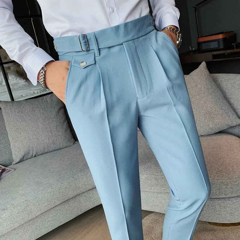 Straight-leg casual trousers in polyester fabric shown in a solid colour on a model.