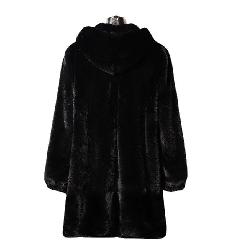 Women's long black faux fur hooded coat for winter street fashion.
