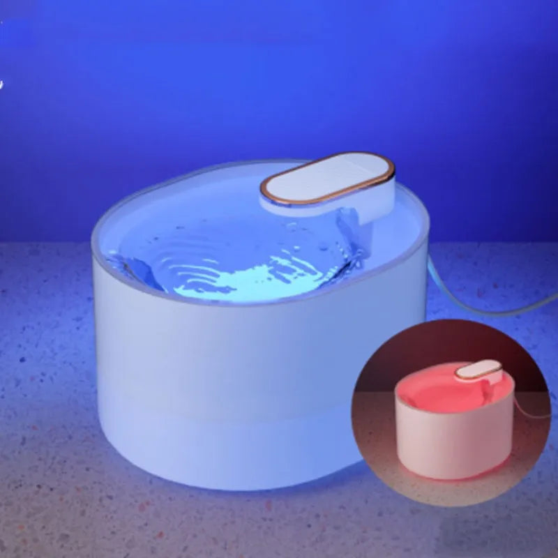 Automatic pet water fountain with USB cable, showing detachable bowl, pump, and filter in Berlin Blue colour.