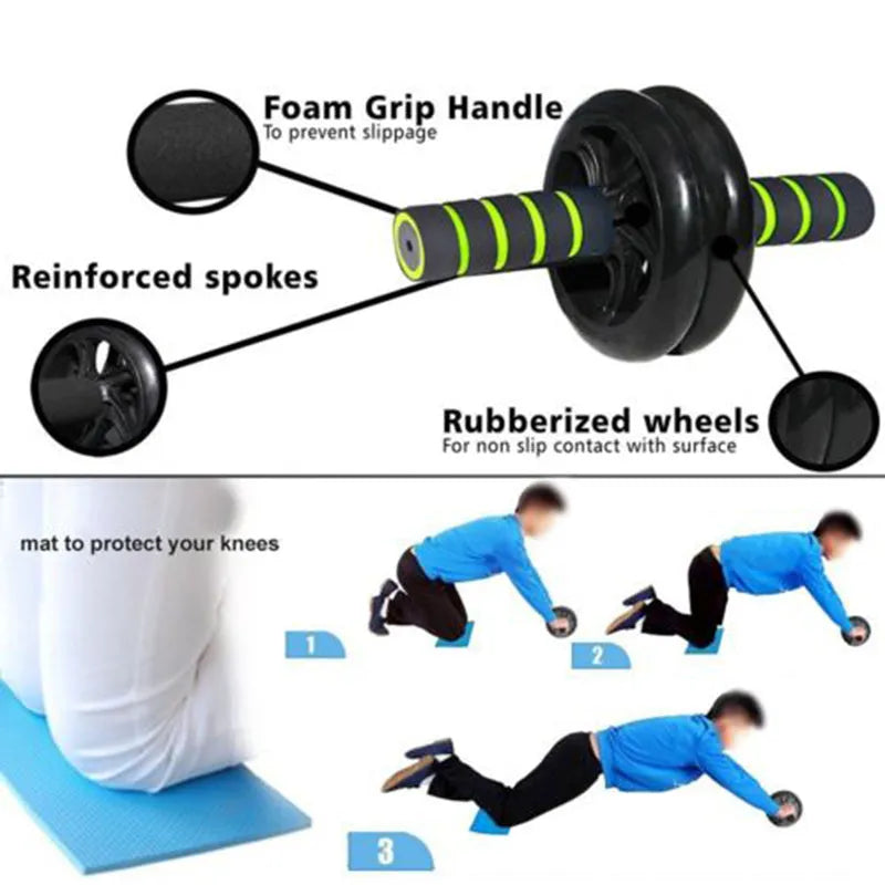 Dark blue double-wheel abdominal roller with sponge grips, push-up support and palm guard, 16.5cm and 14.5cm roller diameters