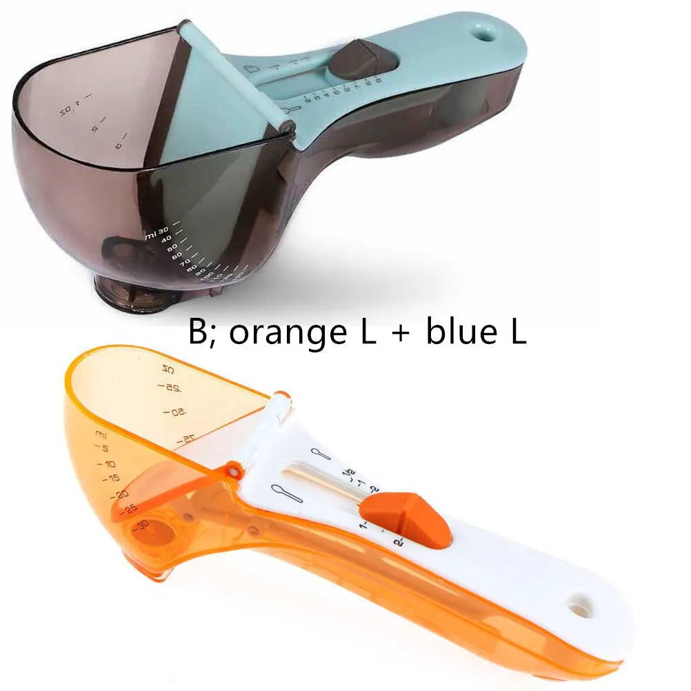 Blue and orange digital measuring spoons with magnetic connection and ergonomic handles