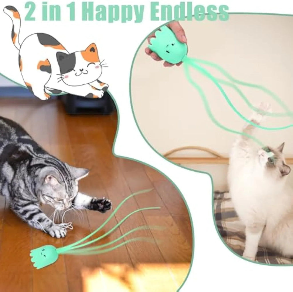 Green automatic cat wand toy with swinging silicone tails for indoor feline play
