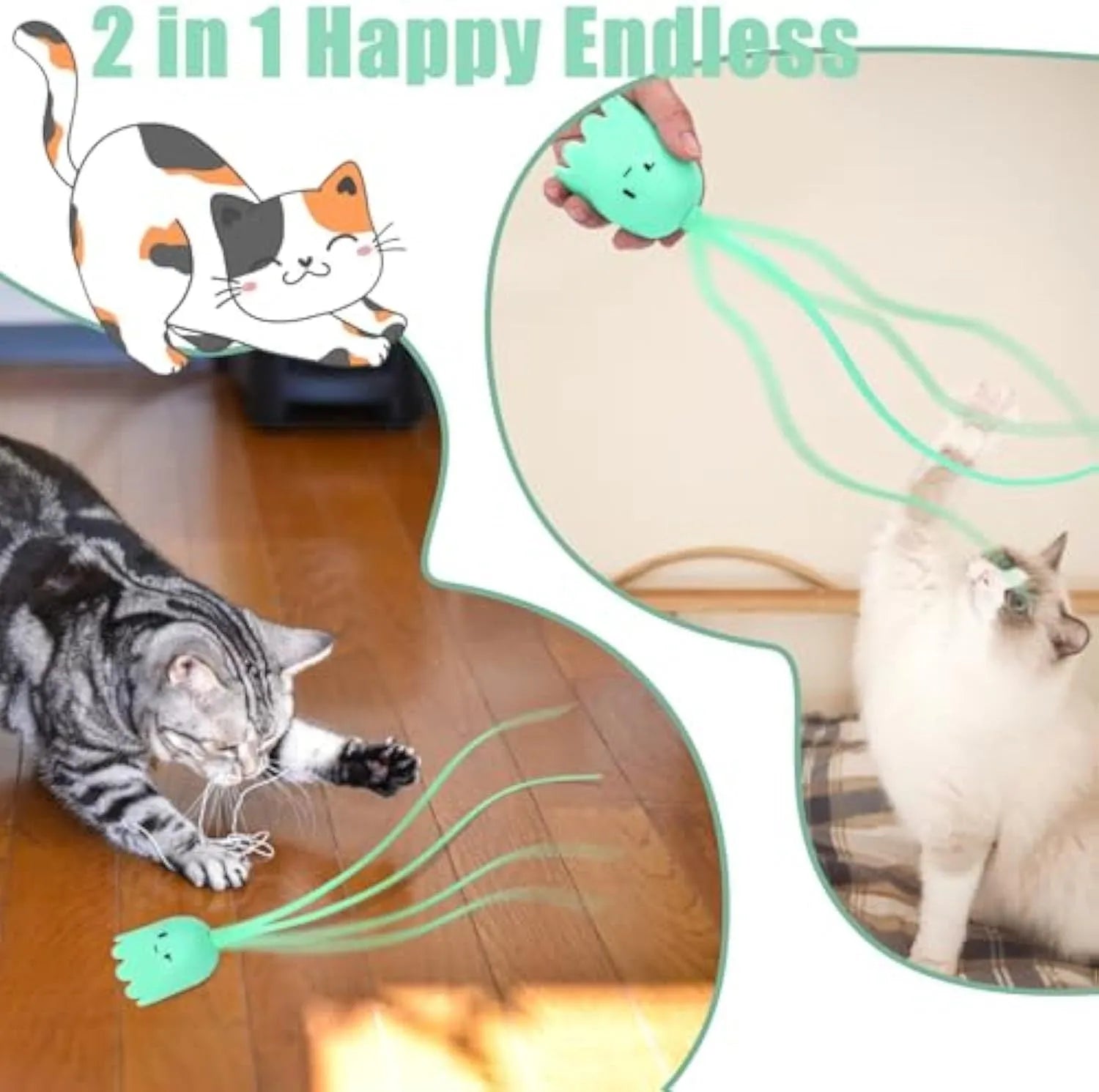 Green automatic cat wand toy with swinging silicone tails for indoor feline play