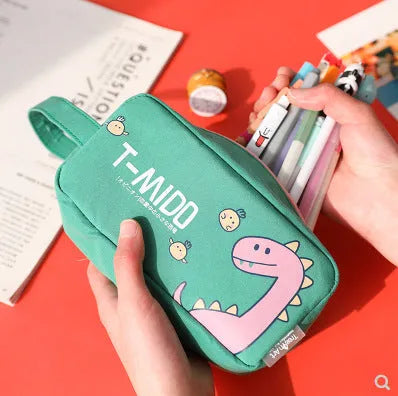 Cartoon dinosaur stationery bag in cotton cloth, inverted trapezoid shape, 18.5x9 cm, blue colour