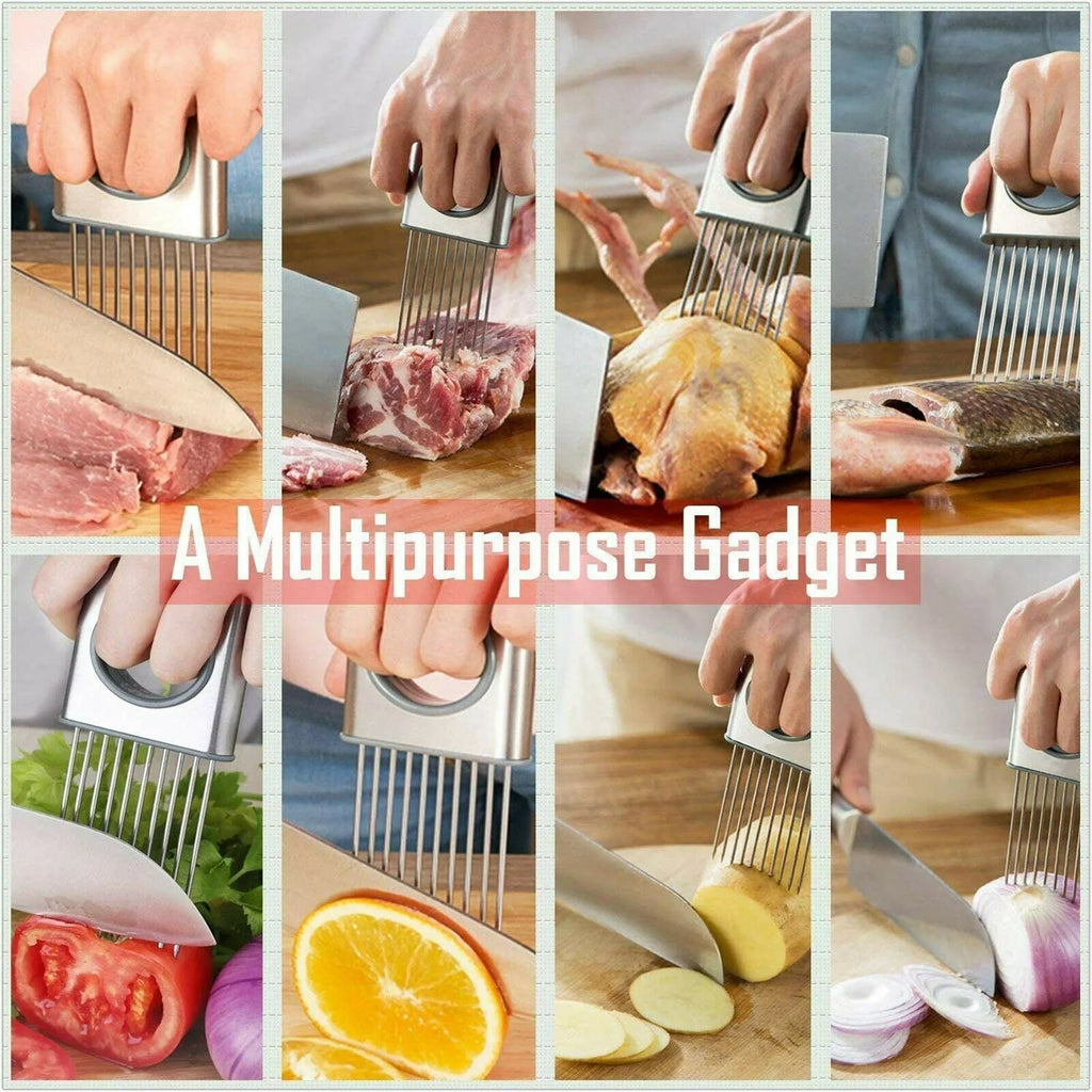 Stainless steel onion holder kitchen tool with sharp prongs and a red finger guard protector on a cutting board.
