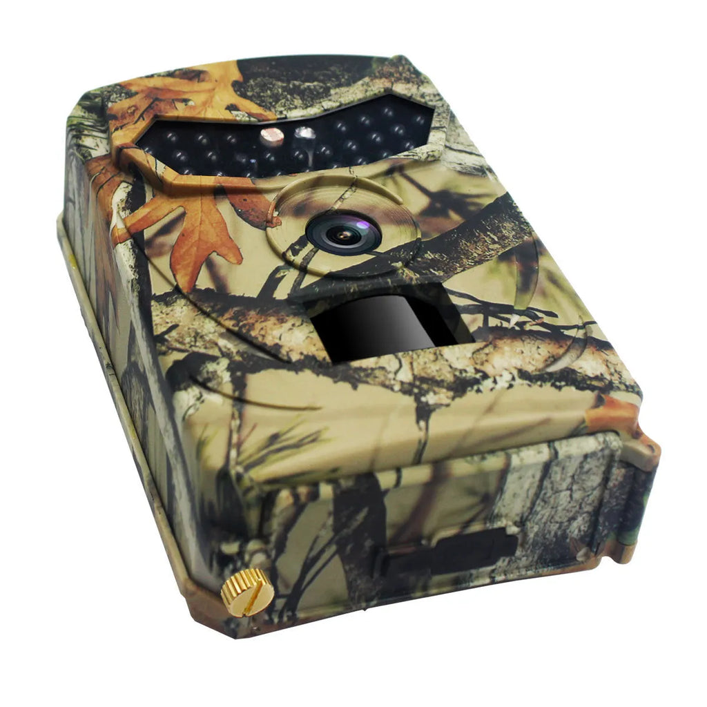 Yellow brown 16MP infrared game trail camera showing lens and housing on a tree branch.