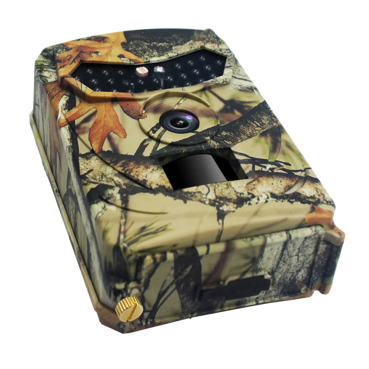 Yellow brown 16MP infrared game trail camera showing lens and housing on a tree branch.