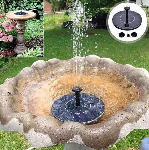 Black solar-powered water fountain pump with four spray nozzles for garden ponds