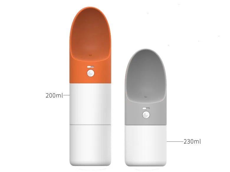 Moestar rocket-shaped pet drinking cup in white with grey accents showing water outlet and lock button