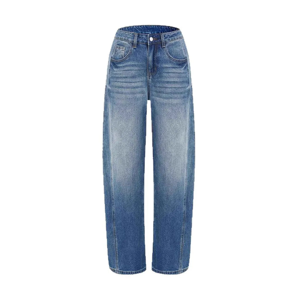 Blue wide leg stretch denim jeans for women with high waist and zipper fly
