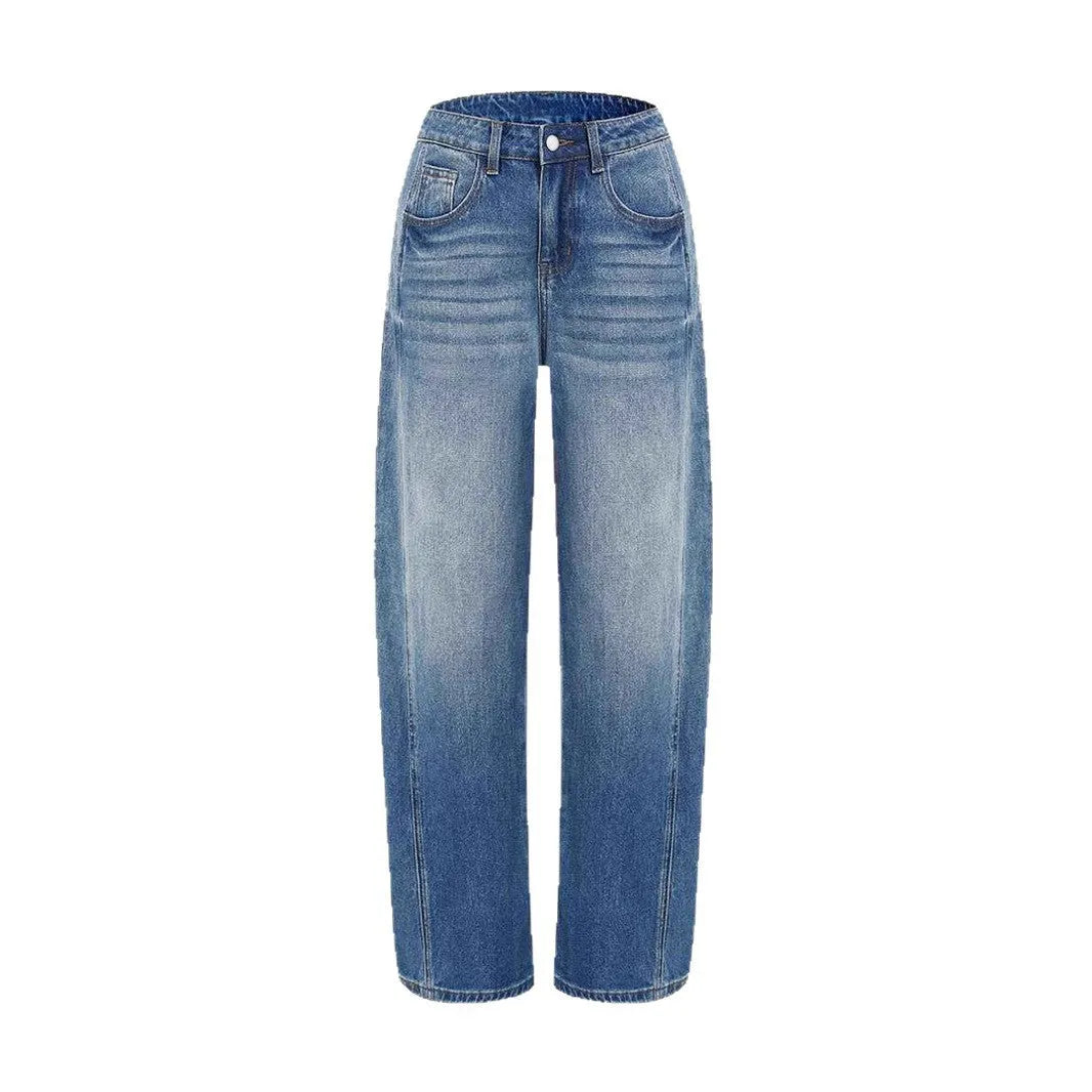 Blue wide leg stretch denim jeans for women with high waist and zipper fly