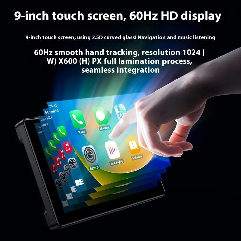9 inch black vehicle navigation unit with capacitive touch screen showing map and dual camera recording icon