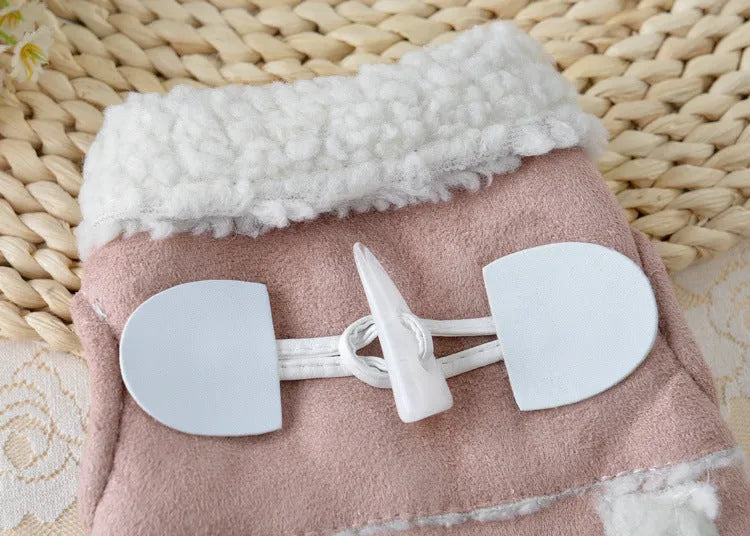 Teddy dog clothes costume in lamb velvet, available in brown or pink, sizes XS to XL.