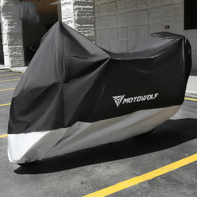 Black motorcycle cover made of 190T polyester and 210D Oxford cloth parked over a scooter outdoors